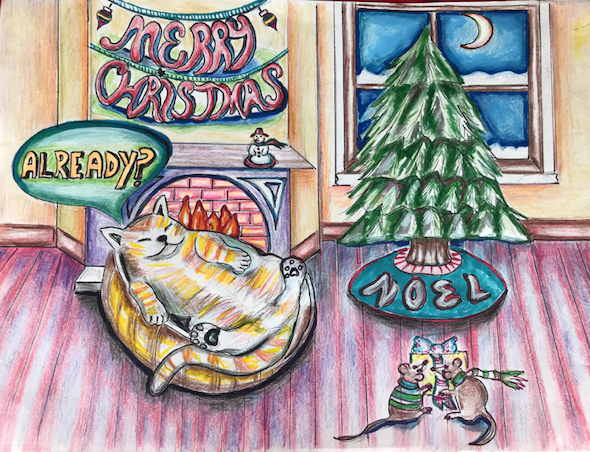 Sleeping cat by fireplace with Christmas tree — Beach Cat Artists original artwork