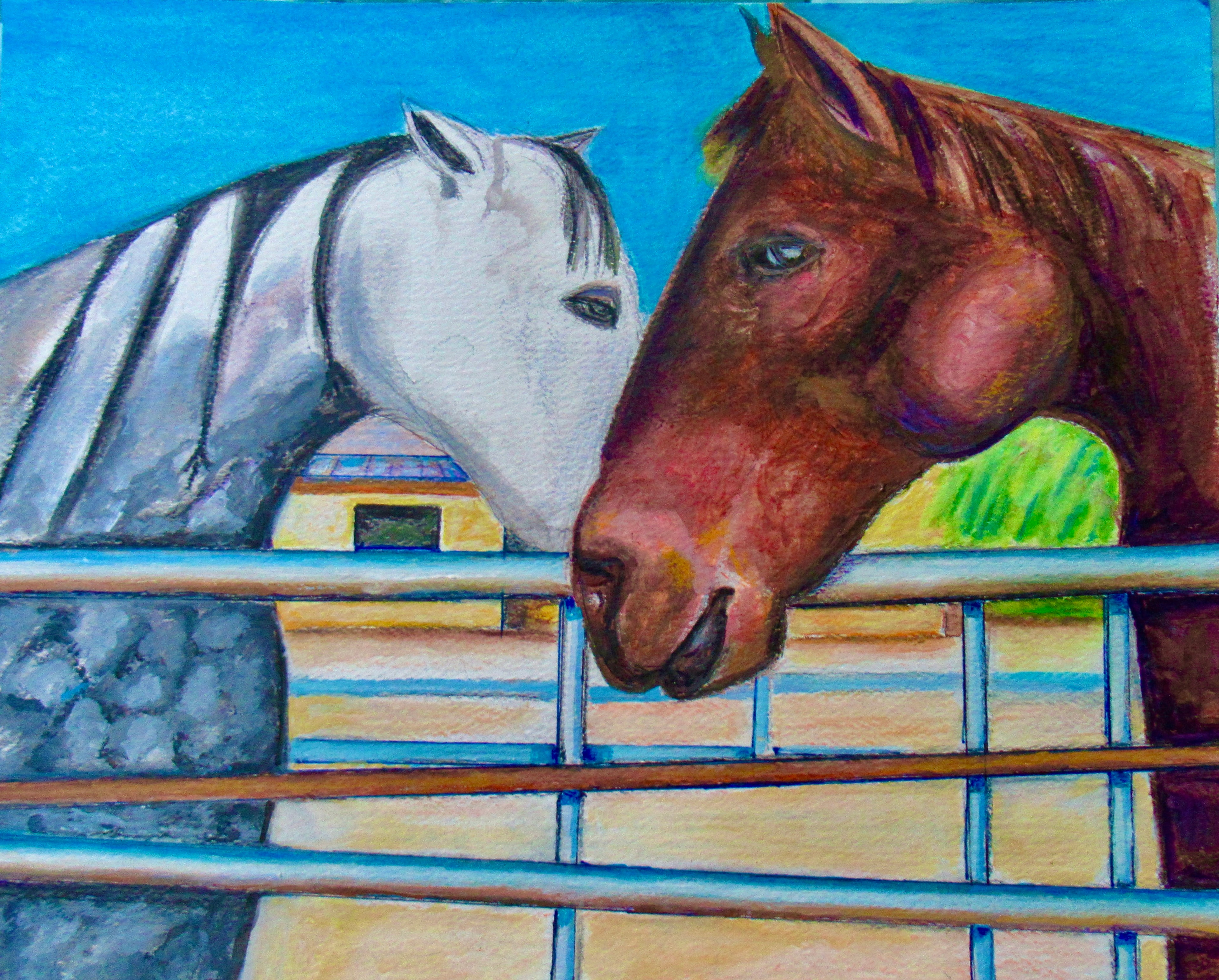Close up portrait of two horses at a fence against blue sky — original artwork by Lisa