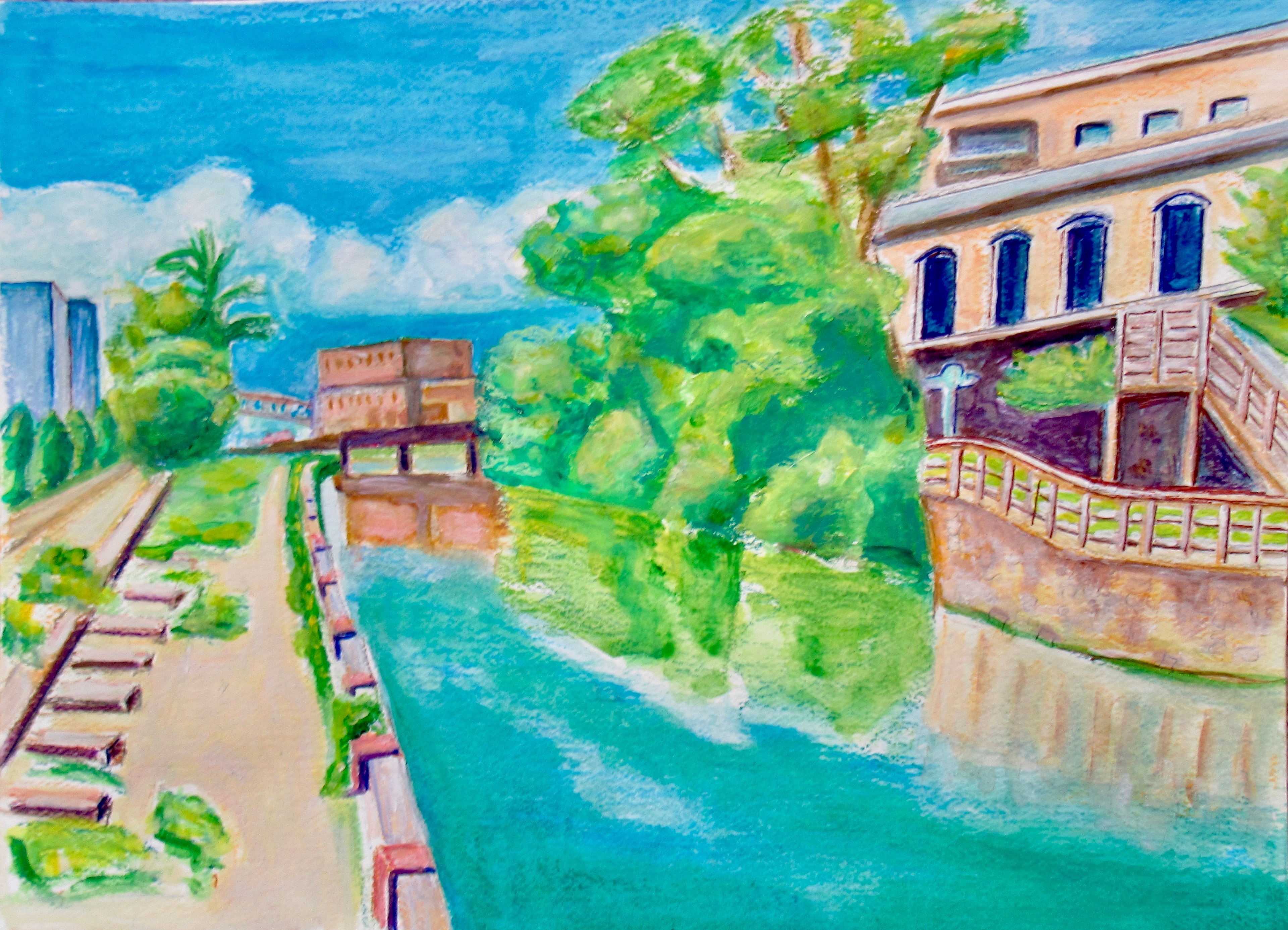 Manayunk canal with teal water, railroad bridge and riverside building — original artwork by Lisa
