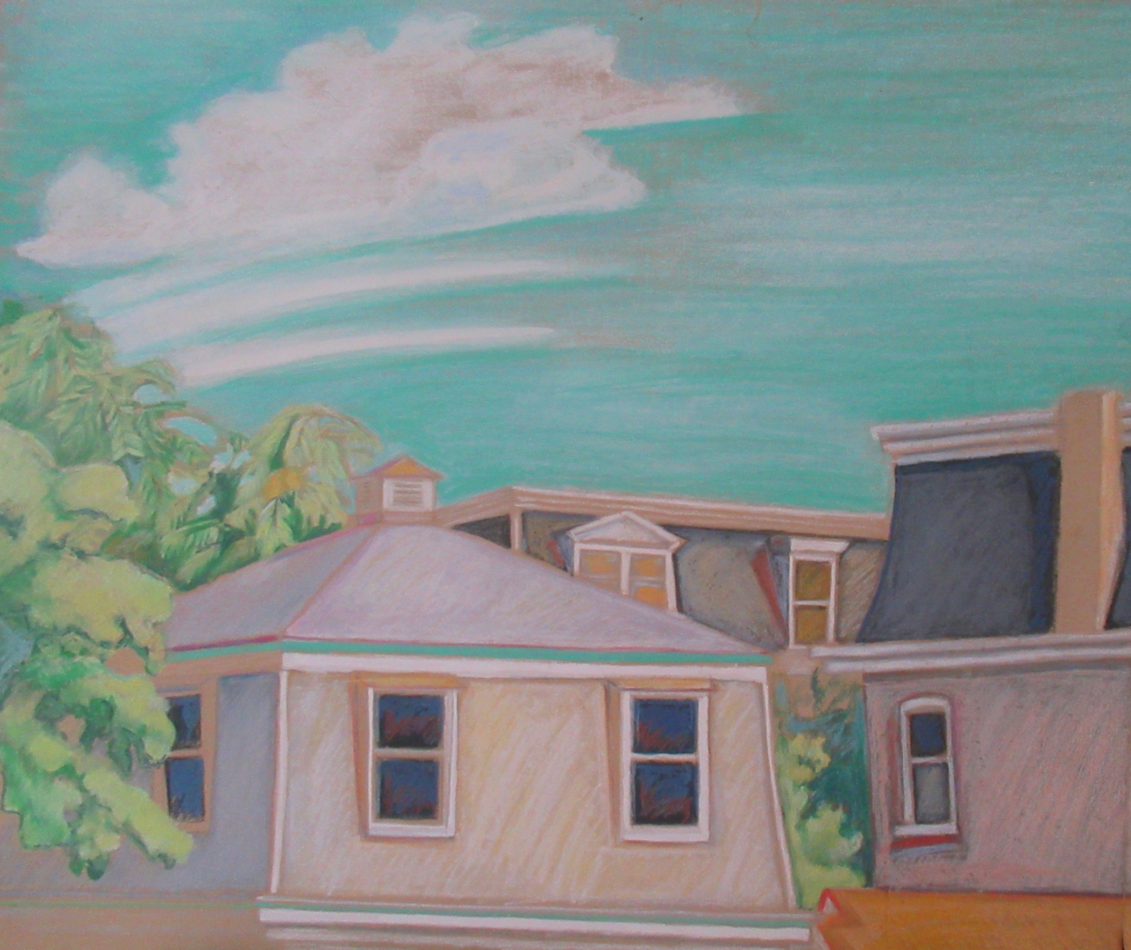 Manayunk garage and house with turquoise sky and trees — original artwork by Lisa