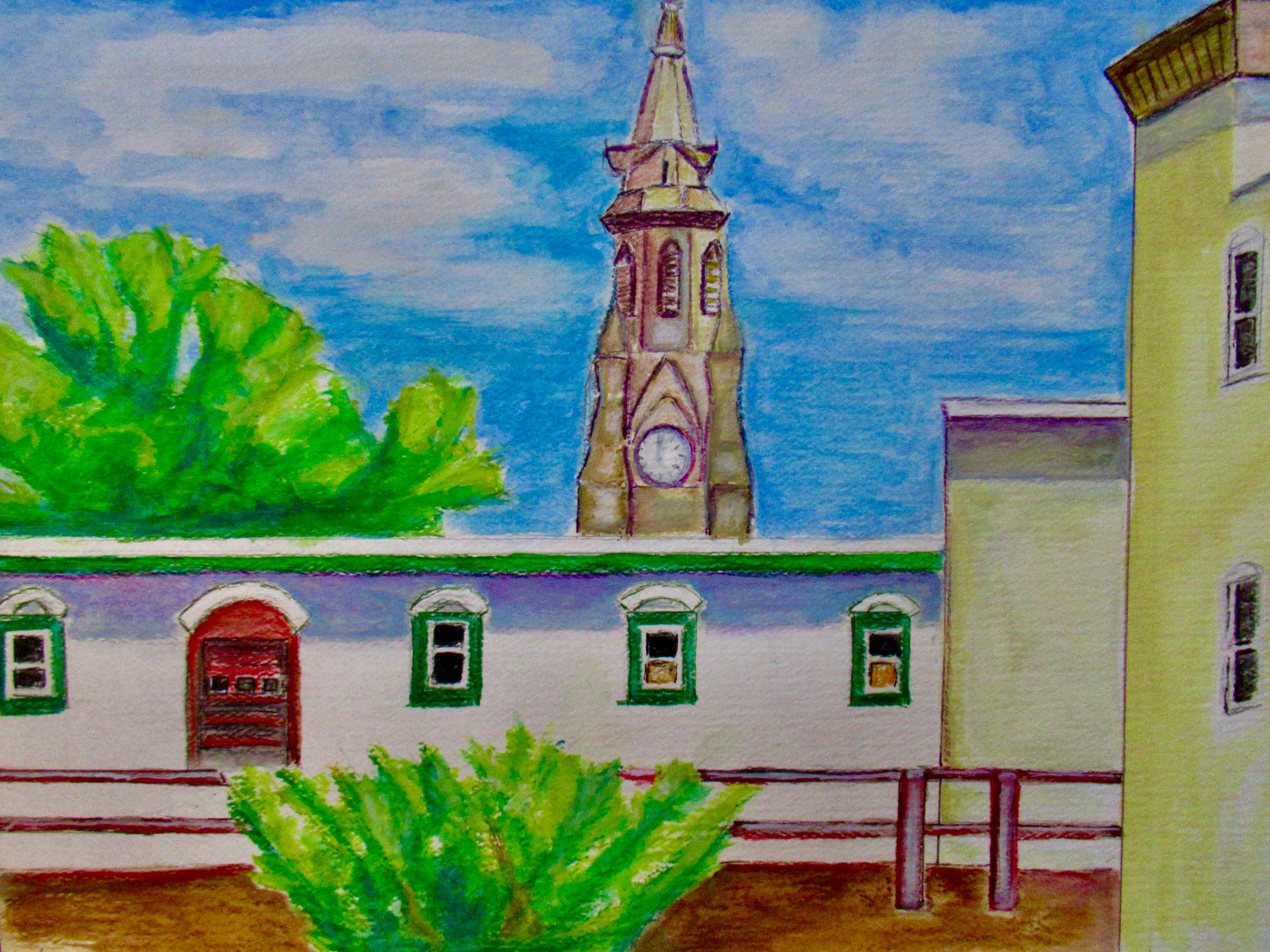 St. John's church tower with green trim building and lush trees — original artwork by Lisa