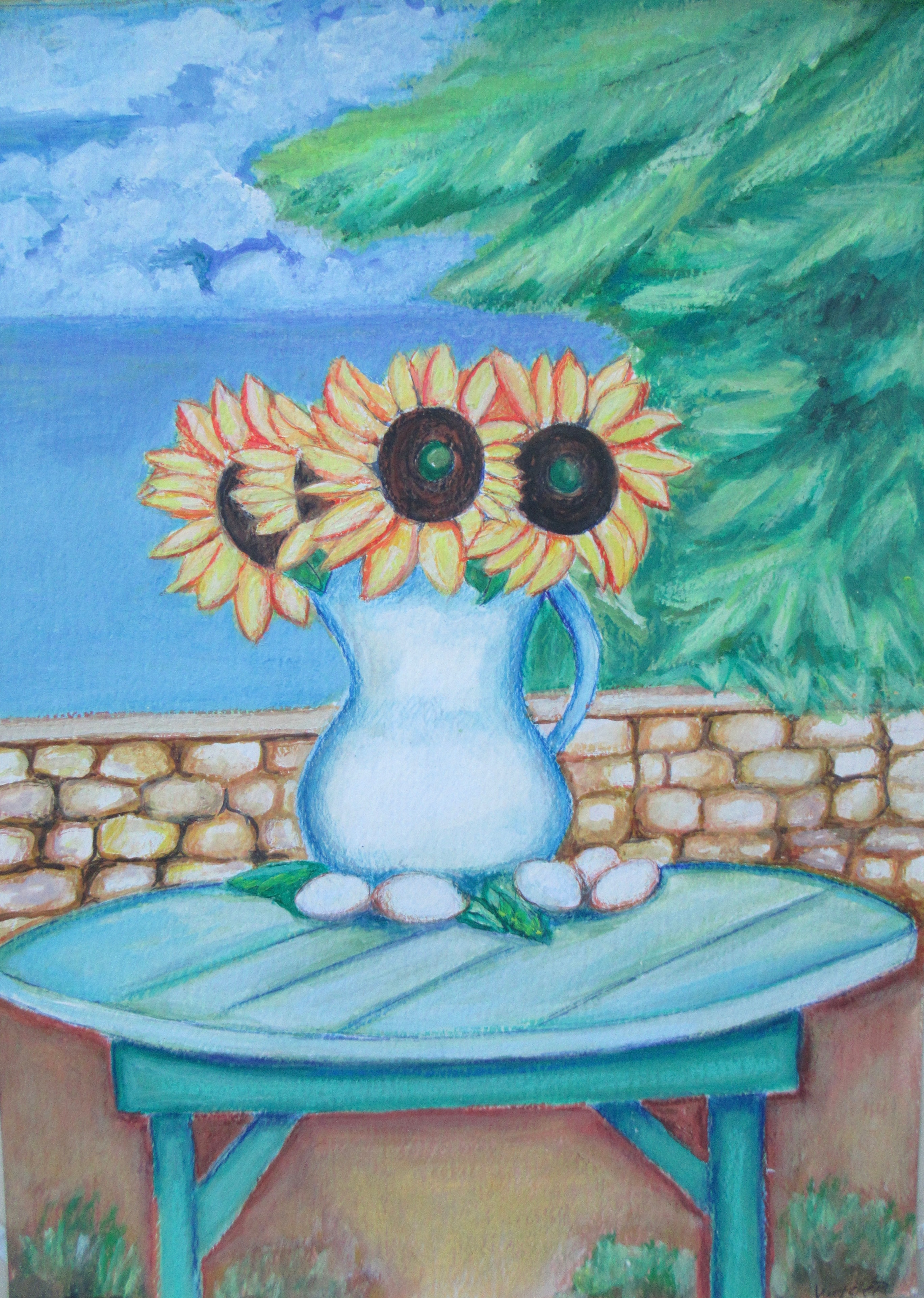 Sunflowers in white pitcher on teal table — Beach Cat Artists original artwork
