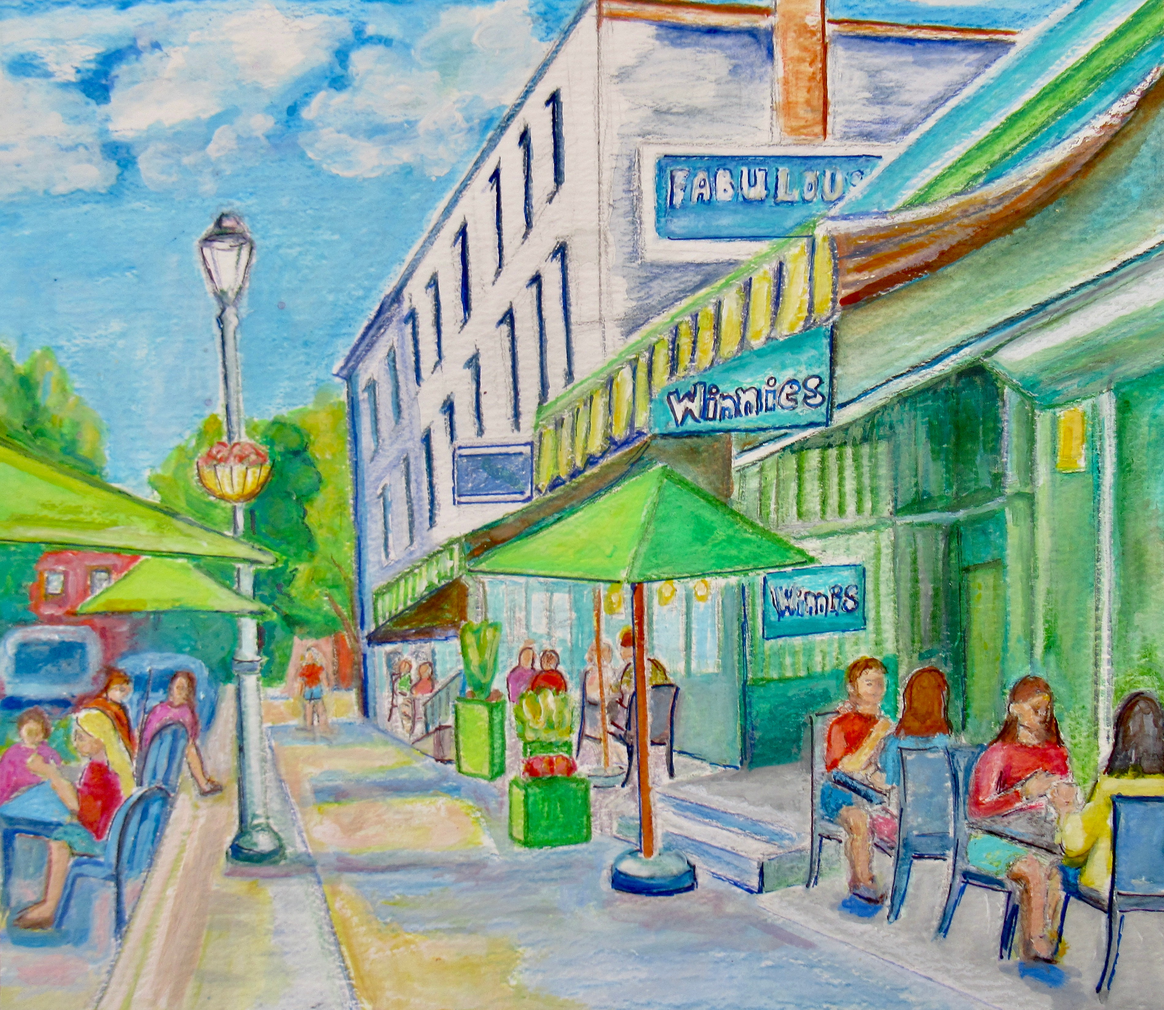 Winnies outdoor café on Manayunk street with green umbrellas and colorful buildings — original artwork by Lisa