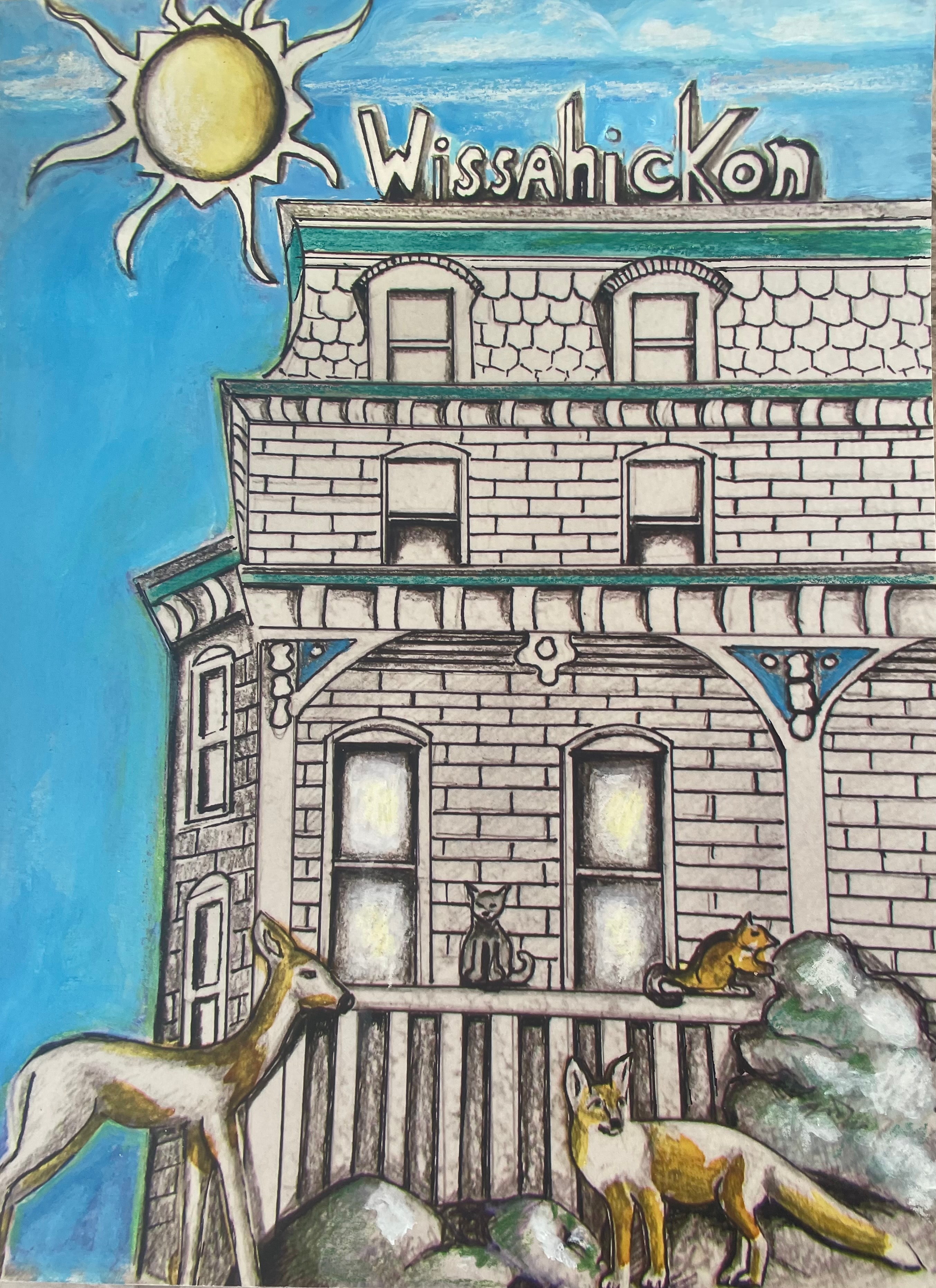 Wissahickon building with deer, coyotes and cats, stylized sun — original artwork by Lisa