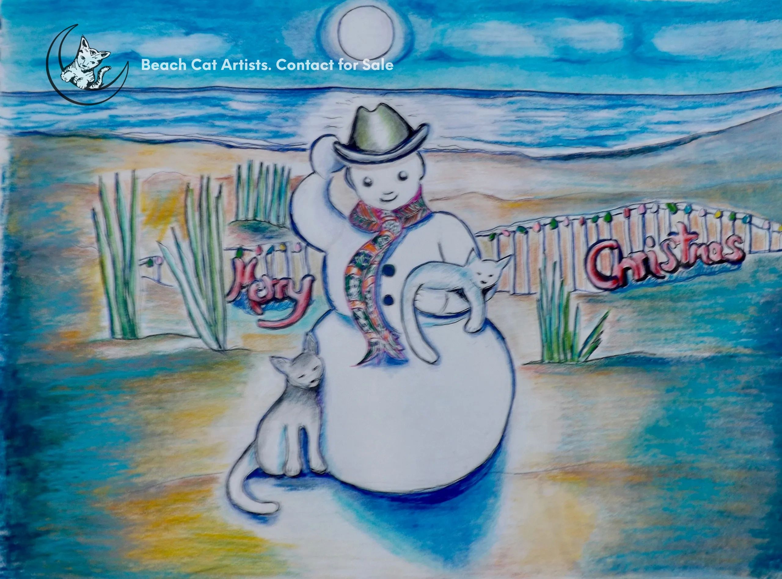 Beach snowman cat Christmas scene — Beach Cat Artists original artwork