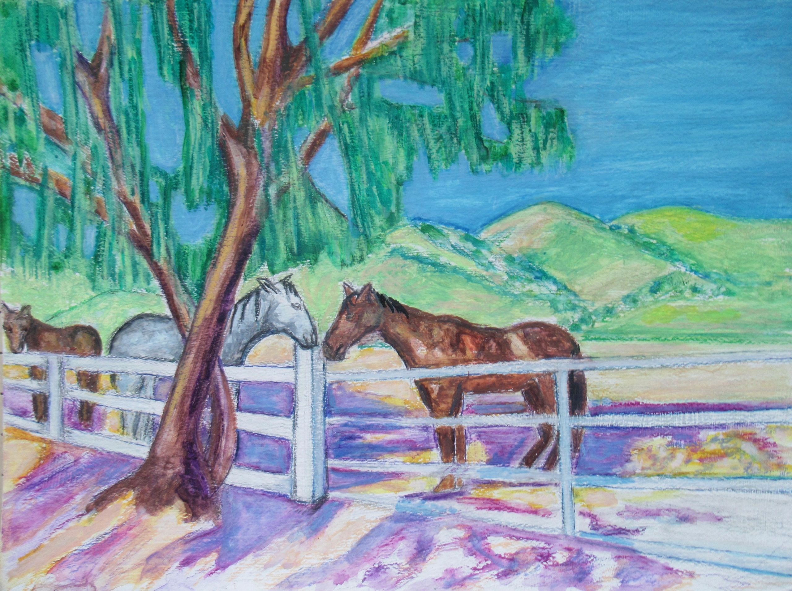 Horses in pasture with weeping willow — Beach Cat Artists original artwork