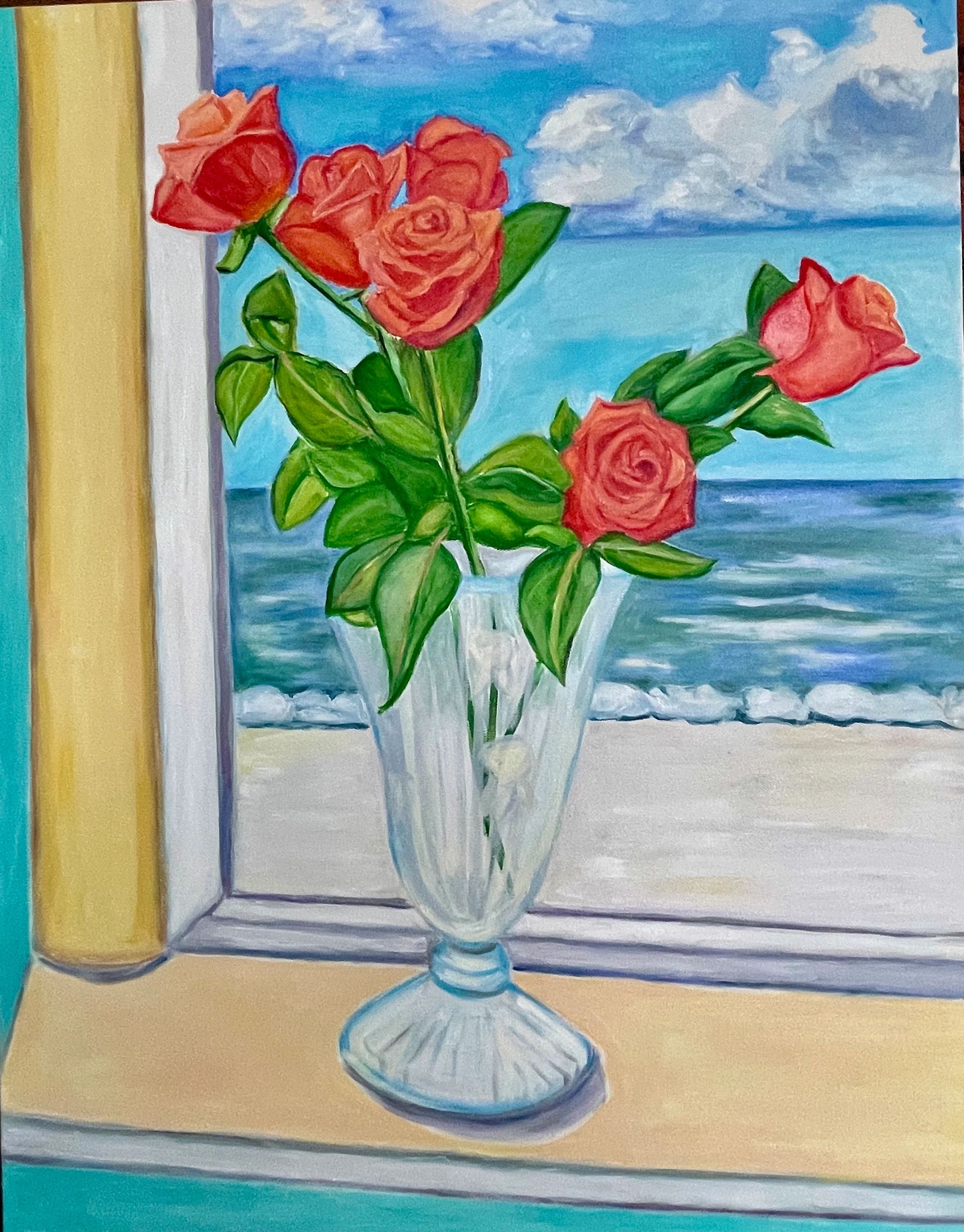 Roses in glass vase with beach view through window — Beach Cat Artists original artwork