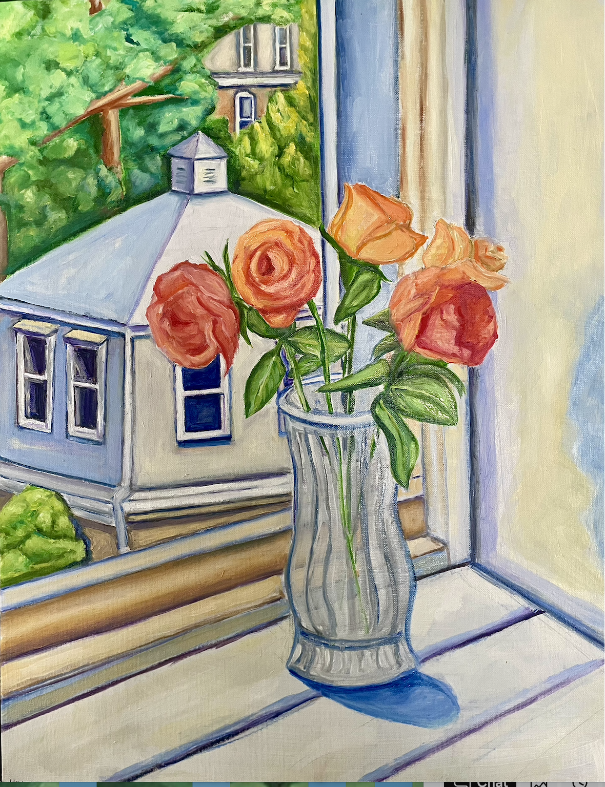 Orange roses in glass vase on windowsill with neighborhood garage view — original artwork by Lisa
